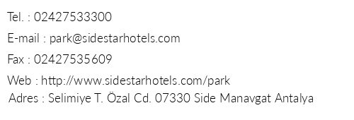 Side Star Park Hotel telefon numaralar, faks, e-mail, posta adresi ve iletiim bilgileri